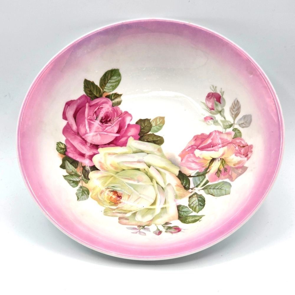 Antique Bavarian Hand Painted Pink & White Roses 10" Serving Bowl